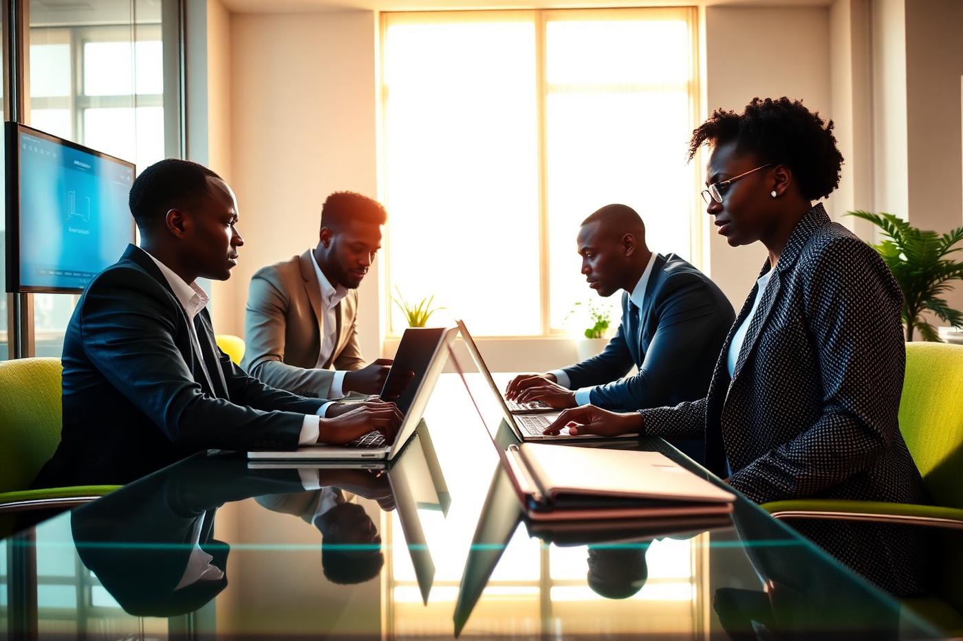 Équipe d'entrepreneurs africains au travail dans un bureau moderne